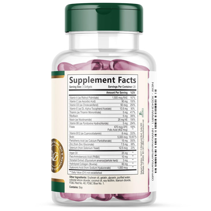 Hair Vitamins Biotin 5000 mcg Collagen for Hair Skin and Nails Vitamin Nature's, Supports Supplement Fast Fuller Thicker Healthy Growth Support, with Hyaluronic Acid Women & Men, Non-GMO, 60 Softgels