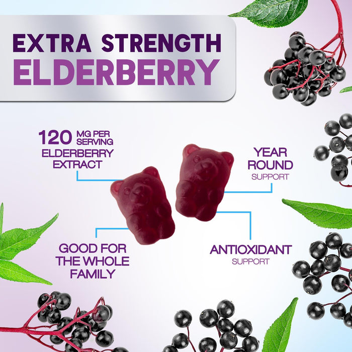 Elderberry Immune Support Gummies - Super Concentrated 35:1 Extract, Equivalent to 4200mg of Elderberries - Sambucus Black Elder Berry Vitamin Supplement, Daily Support for Kids & Adults - 120 Gummies