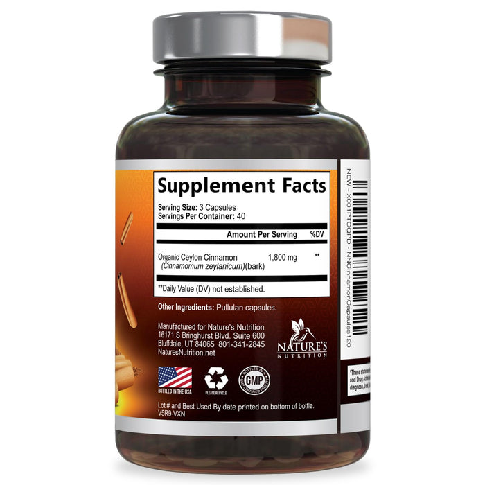 Organic Ceylon Cinnamon Supplement 1800mg - Certified Organic Ceylon Cinnamon Powder Pills - Energy & Heart Support for Women & Men, Bottled in USA, Antioxidant, Gluten Free, Non-GMO - 120 Capsules