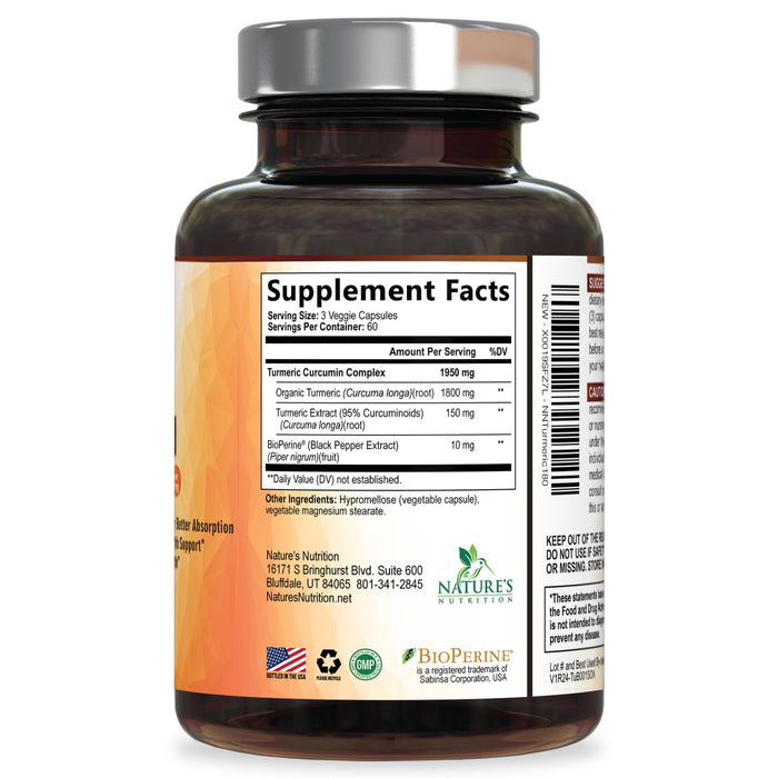 Turmeric Curcumin Supplement 1950mg - 95% Curcuminoids with Organic Turmeric & BioPerine Black Pepper Extract for Best Absorption, Nature's Vegan Joint Support, Non-GMO, Bottled in USA - 180 Capsules