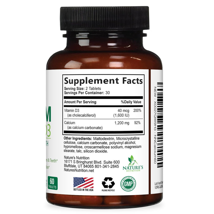 Calcium Supplement with Vitamin D - 1200 mg Calcium Carbonate with 1600 IU of D3 Vitamins - Supports Bone Strength, Teeth & Immune System - Natural & Easily Absorbable for Women & Men - 60 Tablets