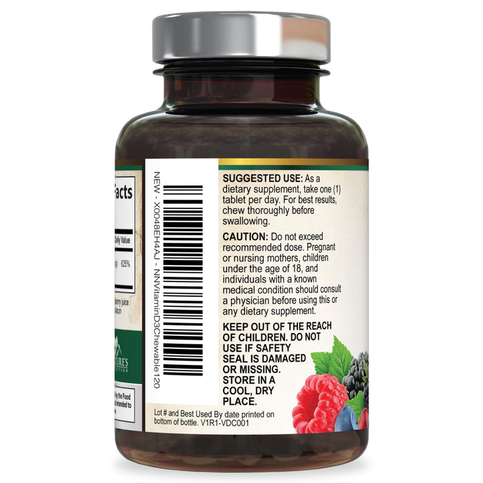 Vitamin D3 5000 IU (125 mcg) Nature's Extra Strength Vitamin D Supplement Chewable for Immune Support Health - Bone, Teeth and Muscle Supplements - Sugar Free, Non-GMO, Gluten Free - 120 Count Tablets