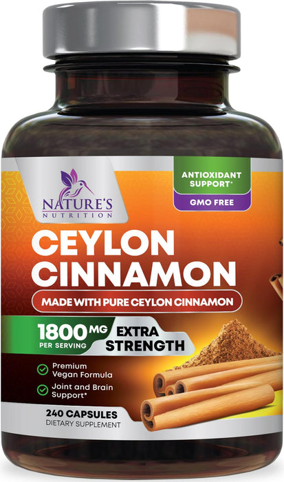 Organic Ceylon Cinnamon Supplement 1800mg - Certified Organic Ceylon Cinnamon Powder Pills - Energy & Heart Support for Women & Men, Bottled in USA, Antioxidant, Gluten Free, Non-GMO - 240 Capsules
