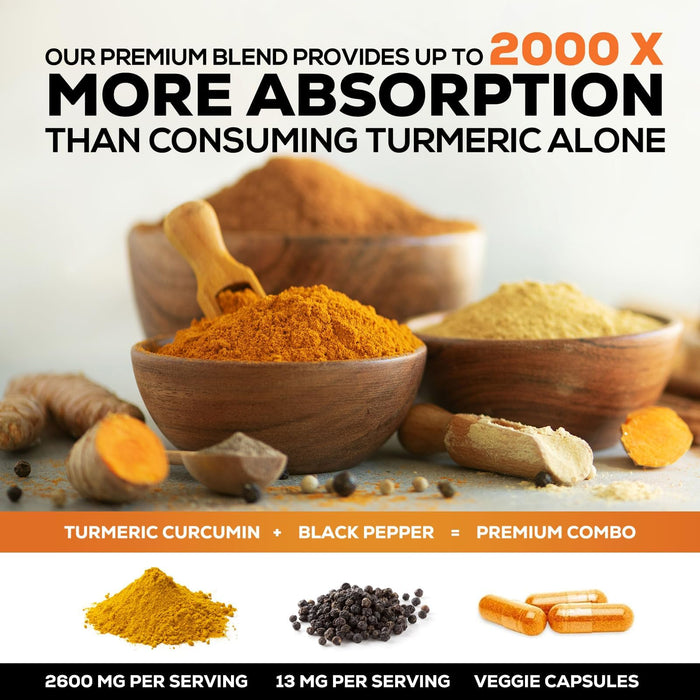 Turmeric Curcumin Supplement with BioPerine 95% Curcuminoids 2600mg with Black Pepper for Best Absorption, Bottled in USA, Best Natural Vegan Joint Support, Nature's Non-GMO Tumeric - 180 Capsules