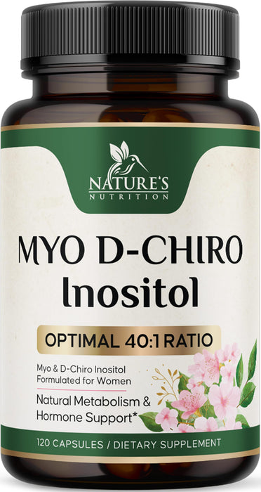 Myo-Inositol & D-Chiro Inositol 1025mg - 40:1 Ideal Ratio for Ovarian Support, Vegan Myo & D Chiro Supplement for Women's Natural Balance and Hormone Support, Vitamin B8, Non-GMO - 120 Capsules