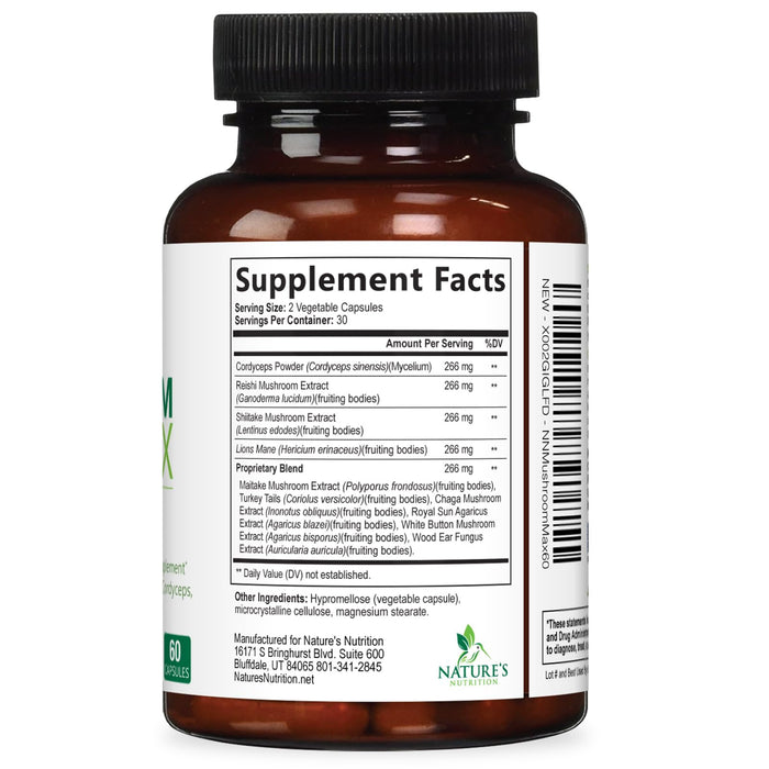 Mushroom Supplement Nootropic 1330mg - 10 in 1 High Strength Brain Supplements Mushroom Complex with Lions Mane, Turkey Tail, Reishi, Cordyceps & Chaga for Memory, Brain & Focus Support - 60 Capsules