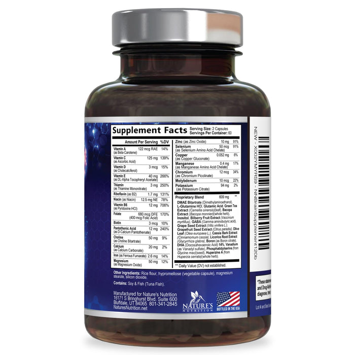 Brain Memory Supplement Pills - Nootropics Support for Concentration, Clarity, Alertness & Focus - Brain Health with Bacopa, Cognitive Vitamins, Phosphatidylserine, DMAE - Brain Booster - 120 Capsules