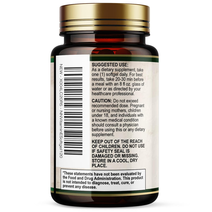 Vitamin E 400 IU Softgels (180mg DL-Alpha) for Women & Men, Supplement for Max Absorption, Nature's Antioxidant for Skin, Heart, Eye, and Immune Health Support, Dairy, Gluten & Soy Free