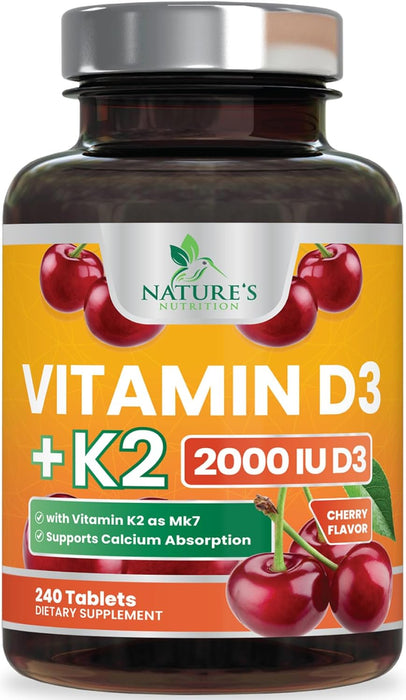 Vitamin D 2000 IU 50mcg Per Serving - Vitamins D3 & K2 (MK7) Complex Supplement for Bone, Teeth, Muscle, Calcium Absorption, Supports Immune & Heart Health, Chewable Formula USA Bottled - 240 Tablets