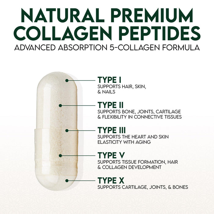 Multi Collagen Peptides Supplement 2400 mg, Types I, II, III, V & X Multi Collagen Pills Complex, Hydrolyzed Collagen Peptides Supplements, Hair, Skin, Nail, and Joint Support Supplement, 120 Capsules