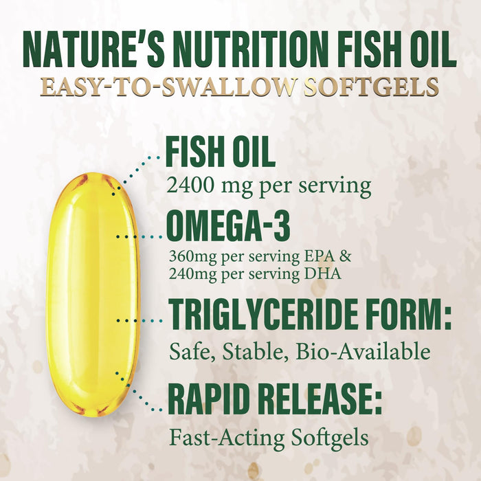 Omega 3 Fish Oil Supplements - 2400 mg Triple Strength Omega3, EPA & DHA with Essential Fatty Acids - Natural Immune, Brain & Heart Health Support - Gluten Free, Non-GMO, Wild Caught - 60 Softgels