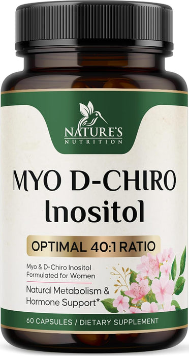 Myo-Inositol & D-Chiro Inositol 1025mg - 40:1 Ideal Ratio for Ovarian Support, Vegan Myo & D Chiro Supplement for Women's Natural Balance and Hormone Support, Vitamin B8, Non-GMO - 60 Capsules