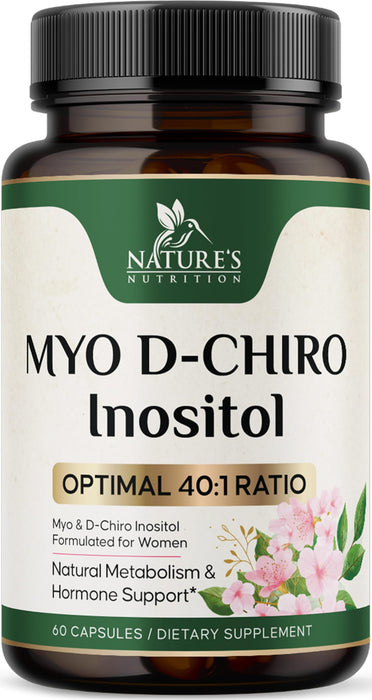 Myo-Inositol & D-Chiro Inositol 1025mg - 40:1 Ideal Ratio for Ovarian Support, Vegan Myo & D Chiro Supplement for Women's Natural Balance and Hormone Support, Vitamin B8, Non-GMO - 60 Capsules