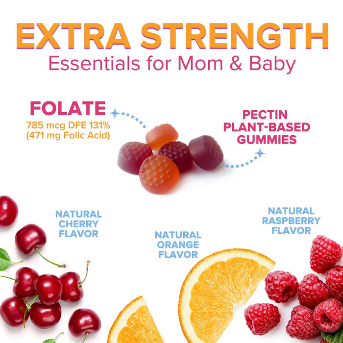 Folic Acid Gummies for Women 785 mcg, Essential Prenatal Vitamins for Mom & Baby, Vegan Folic Supplement Gummy, Daily Vitamin B9 Extra Strength Folate, Before During After Pregnancy - 60 Gummies
