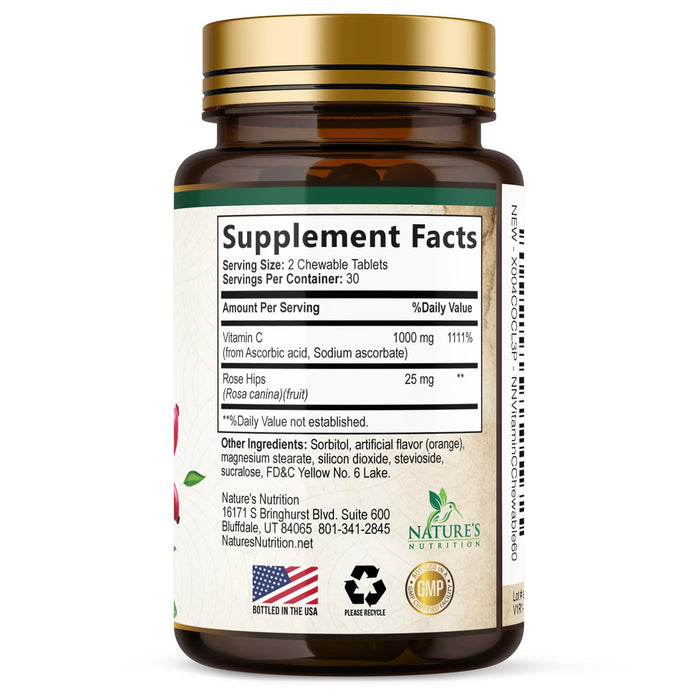 Vitamin C Chewable 1000mg - Extra Strength Antioxidants for Powerful Immune Support w/Vitamin C & Rose HIPS - Potent Dietary VIT C Chews Supplement, Natural, Vegan, Gluten-Free, Non-GMO - 60 Tablets