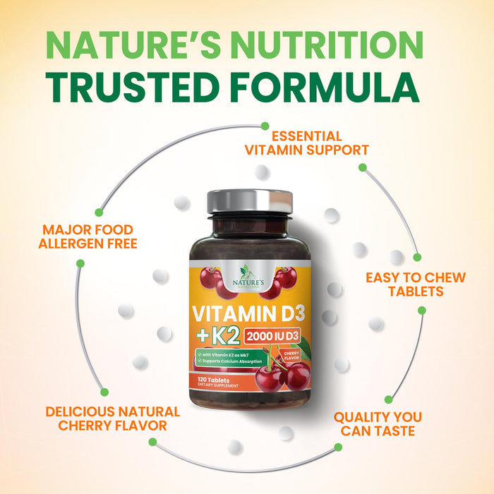 Vitamin D3 K2 2000 IU Plus with K2 (MK-7) 75 mcg - Vitamins D & K Complex Supplement for Bone, Teeth, Muscle, Calcium Absorption, Supports Immune & Heart Health, Non-GMO Chewable Formula - 120 Tablets