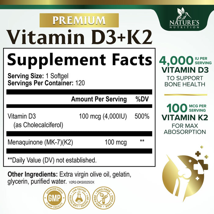 Vitamin D3 K2 5000 IU Plus with K2 (MK-7) 100 mcg - Vitamins D & K Complex Supplement for Bone, Teeth, Muscle, Calcium Absorption, Supports Immune & Heart Health, Non-GMO, Oil Formula - 120 Softgels