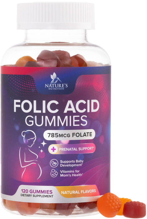 Folic Acid Gummies for Women 785 mcg, Essential Prenatal Vitamins for Mom & Baby, Vegan Folic Supplement Gummy, Daily Vitamin B9 Extra Strength Folate, Before During After Pregnancy - 120 Gummies