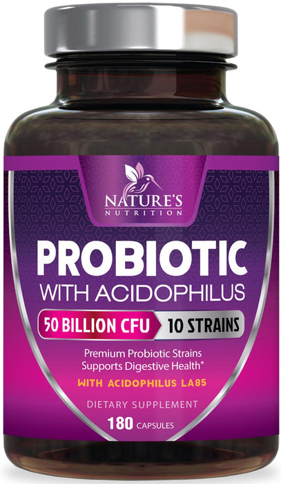 Probiotics 60 Billion CFU per Serving - 10 Strains + Prebiotics - Digestive Health, Gut & Immune Support - Supports Occasional Constipation, Gas & Bloating for Women & Men Shelf Stable - 180 Capsules