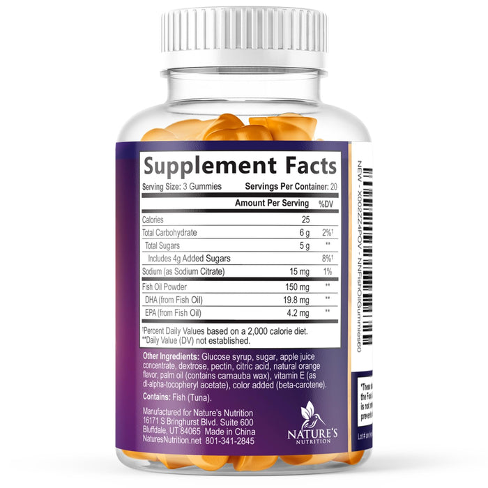 Omega-3 Gummies, Fish Oil Gummies for Adults & Kids, Omega-3 Gummy Vitamins, EPA & DHA Fish Oil Fatty Acids Gummy Supplement, Nature's Supplements for Joint, Heart Health, & Brain Support - 60 Count