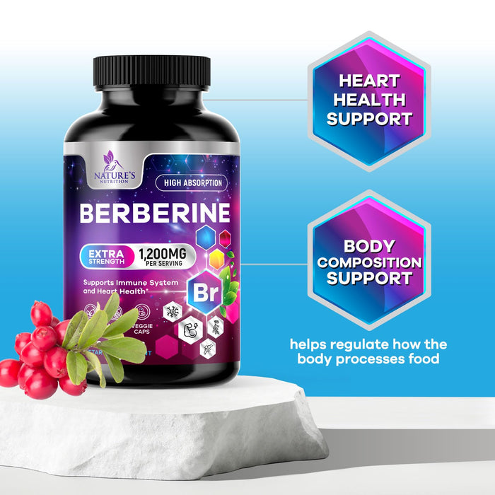 Berberine HCL 1200mg Supplement - Berberine HCI Capsules High Absorption Supplement for Heart Health & Immune Support, High Strength, Gluten-Free, Vegan, Non-GMO Pills - 60 Veggie Capsules