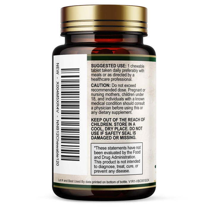 Vitamin B12 (Methylcobalamin) 1000 mcg - Chewable Tablet for Energy, Nervous System & Brain Support - Maximum Strength, Fast Dissolve, Vegan, Gluten-Free, Non-GMO for Women & Men - 120 Tablets