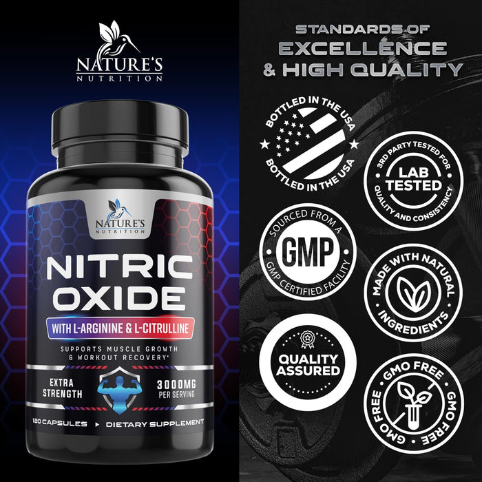Nitric Oxide Booster Extra Strength 3000mg - L Arginine 3X Strength Nitric Oxide Supplements for Men and Women, Citrulline, Supports Muscle, Heart Health & Energy Supplement, Non-GMO - 120 Capsules