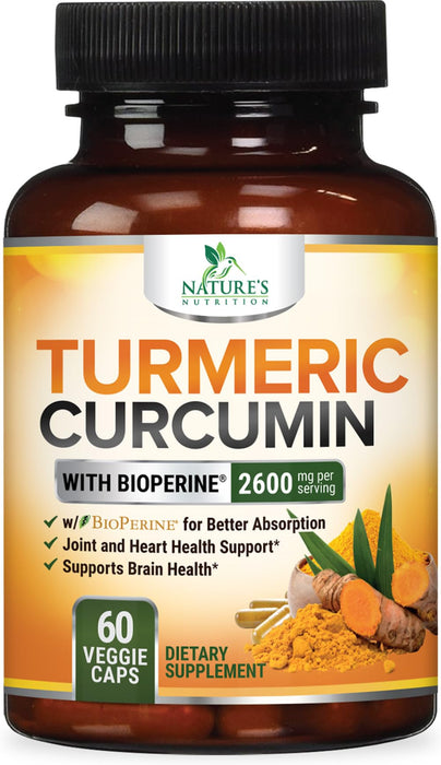 Turmeric Curcumin Supplement with BioPerine 95% Curcuminoids 2600mg with Black Pepper for Best Absorption, Bottled in USA, Best Natural Vegan Joint Support, Nature's Non-GMO Tumeric - 60 Capsules