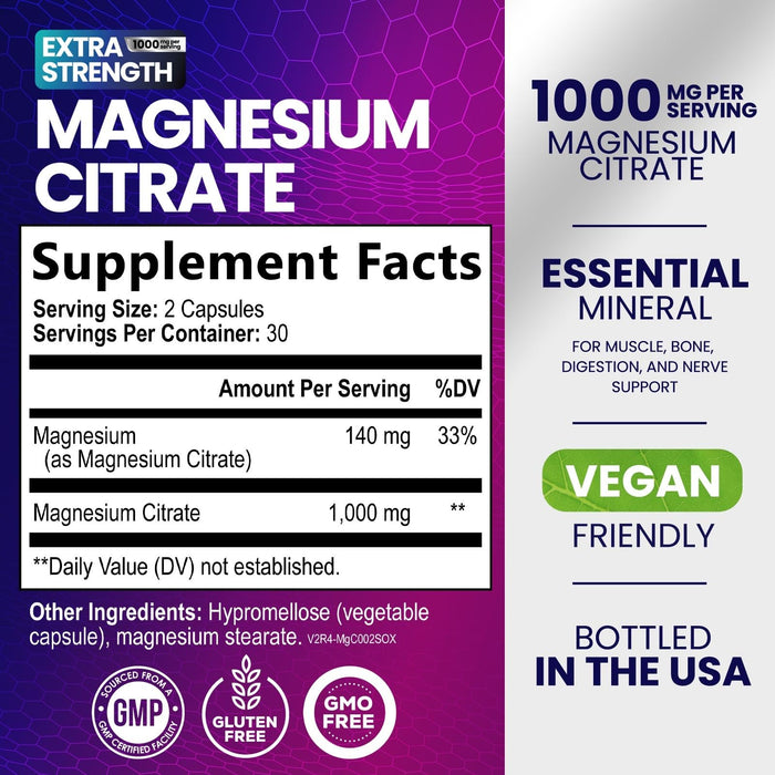 Magnesium Citrate Supplement 1000 mg for Best Absorption, Supports Bone, Heart Health, Nerves, Muscles, Metabolism & Calm, Nature's Pure Magnesio Vitamin Pills, Bottled in USA - 60 Capsules