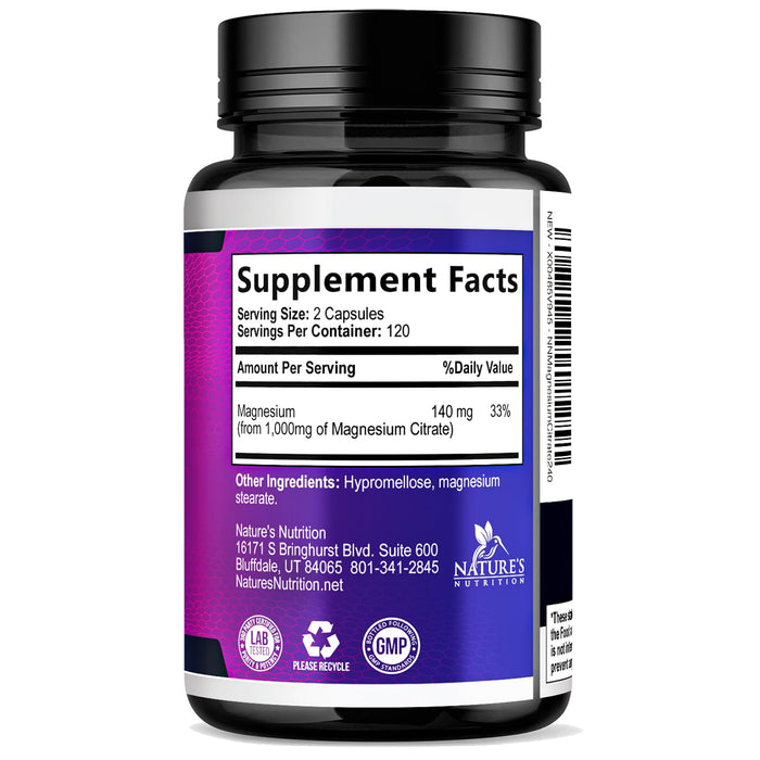 Magnesium Citrate Supplement 1000 mg for Best Absorption, Supports Bone, Heart Health, Nerves, Muscles, Metabolism & Calm, Nature's Pure Magnesio Vitamin Pills, Bottled in USA - 240 Capsules