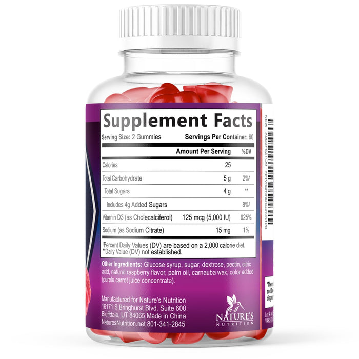 Vitamin D3 Supplement Gummy 5000 IU (125 mcg) Dietary Vitamins D for Men & Women - Bone, Teeth, Muscle and Immune Health Support, High Potency VIT D3 Nature's Non-GMO & Gluten Free - 120 Gummies