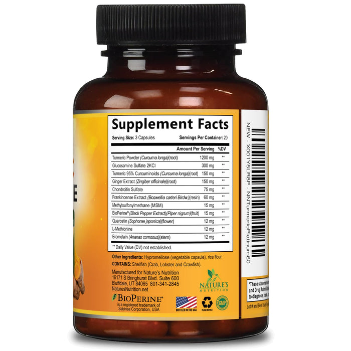 Turmeric Curcumin Supplement 2000mg with Glucosamine Chondroitin & Ginger, 95% Curcuminoids, BioPerine Black Pepper for Best Absorption, Nature's Joint Support, Non-GMO, Bottled in USA - 60 Capsules