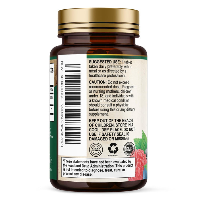 Vitamin D3 K2 Supplement | 5000 IU D3 + K2 100 mcg | MK-7 K2 with Vitamin D | Supports Immune, Heart, Teeth & Bone Health - Nature's Easy to Chew, VIT D3 K2, Non-GMO, Tasty Berry Flavor - 120 Tablets
