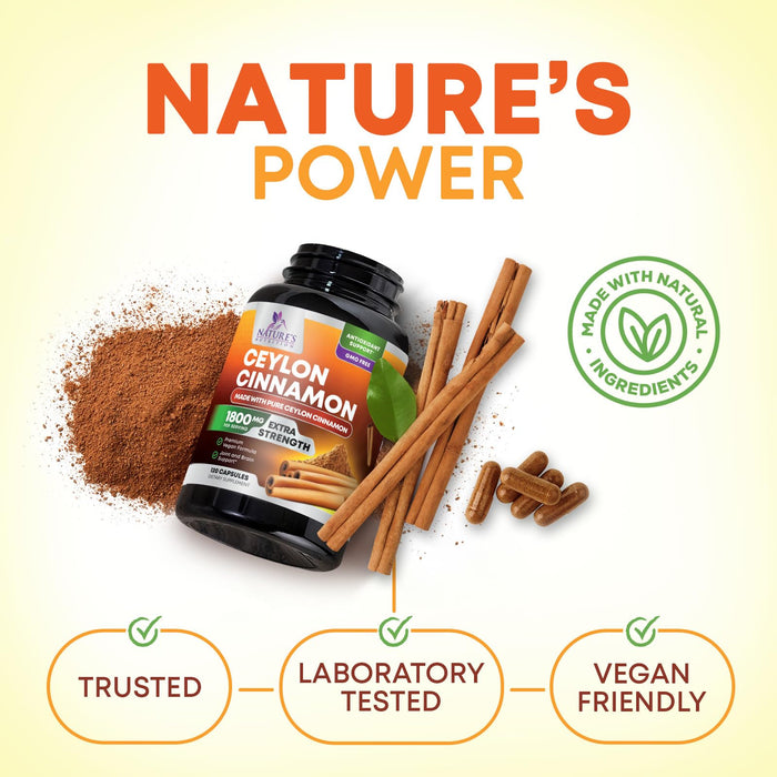 Organic Ceylon Cinnamon Supplement 1800mg - Certified Organic Ceylon Cinnamon Powder Pills - Energy & Heart Support for Women & Men, Bottled in USA, Antioxidant, Gluten Free, Non-GMO - 120 Capsules