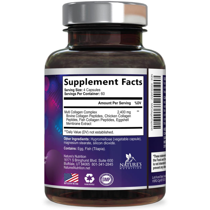 Multi Collagen Peptides Supplement - Hydrolyzed Types I, II, III, V & X Multi Collagen Pills, Hydrolyzed Collagen Peptides Supplements, Hair, Skin, Nail, and Joint Support Supplement, 240 Capsules