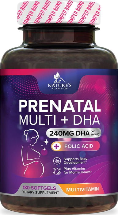 Prenatal Vitamins with Folic Acid & DHA, Fetal Brain Development Support with Folate & Omega 3's, Prenatal Multivitamin for Women, Vitamin A, C, D, B6, B12 & Iron, Pregnancy Supplement - 180 Softgels