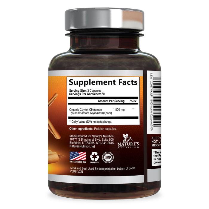 Organic Ceylon Cinnamon Supplement 1800mg - Certified Organic Ceylon Cinnamon Powder Pills - Energy & Heart Support for Women & Men, Bottled in USA, Antioxidant, Gluten Free, Non-GMO - 240 Capsules