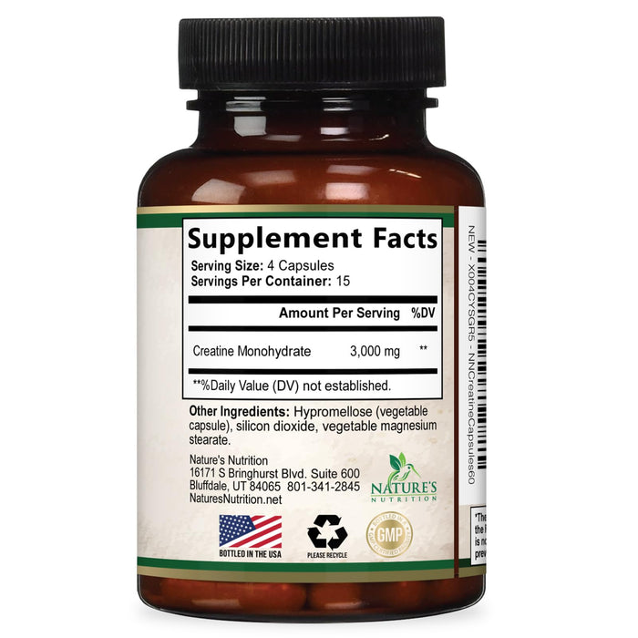 Creatine Monohydrate Capsules 3000mg – Best Micronized Creatine Powder - Supports Lean Muscle, Strength, Energy, & Endurance - Nature's Supplement, Non-GMO, Gluten Free for Women & Men - 60 Capsules