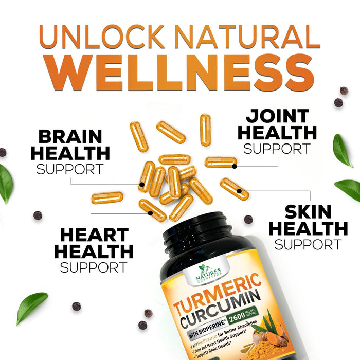 Turmeric Curcumin Supplement with BioPerine 95% Curcuminoids 2600mg with Black Pepper for Best Absorption, Bottled in USA, Best Natural Vegan Joint Support, Nature's Non-GMO Tumeric - 60 Capsules