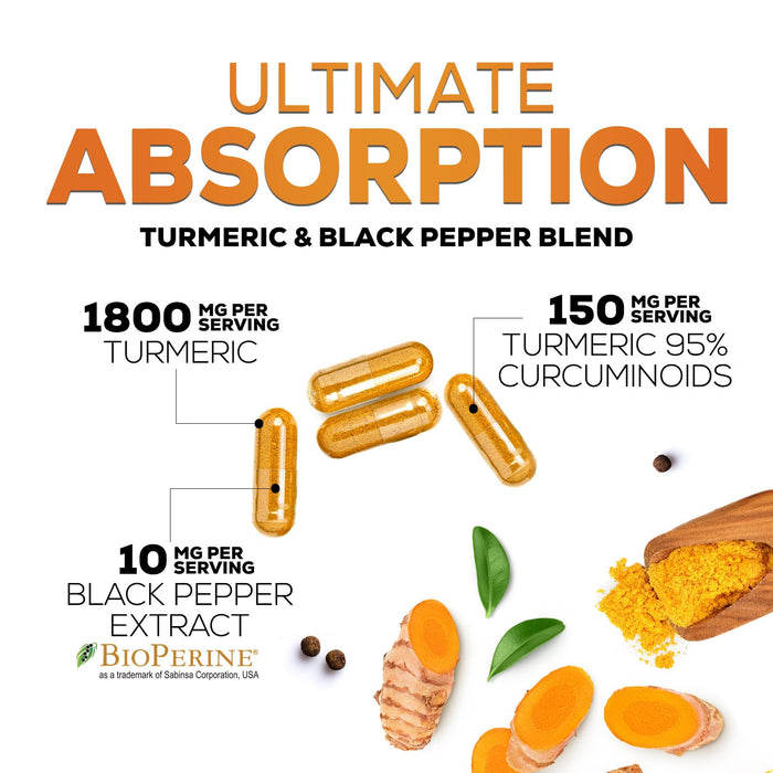 Turmeric Curcumin Supplement 1950mg - 95% Curcuminoids with Organic Turmeric & BioPerine Black Pepper Extract for Best Absorption, Nature's Vegan Joint Support, Non-GMO, Bottled in USA - 240 Capsules