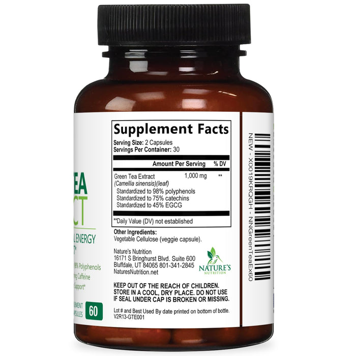 Green Tea Extract Capsules 1000mg 98% Standardized EGCG - 3X Strength for Natural Energy - Heart Support with Polyphenols - Gentle Caffeine - 60 Capsules