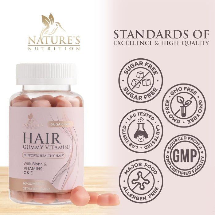 Sugar Free Hair Vitamins Gummies with Biotin 5000 mcg, Vitamin A, B12, C, D, E, Folic Acid, Supports Hair Growth Gummy, Vegetarian Friendly, Supports Strong Beautiful Hair and Nails - 60 Gummies