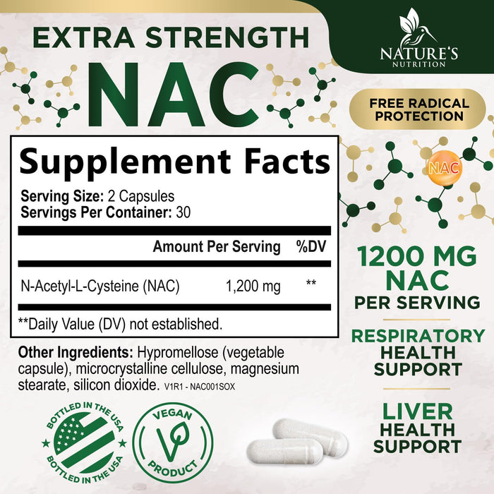 NAC Supplements N-Acetyl L-Cysteine (NAC) 1200 mg - NAC Supplement for Lung Health & Immune Support, Liver Support & Antioxidants, Freefrom N-Acetylcysteine, Gluten Free, Non-GMO