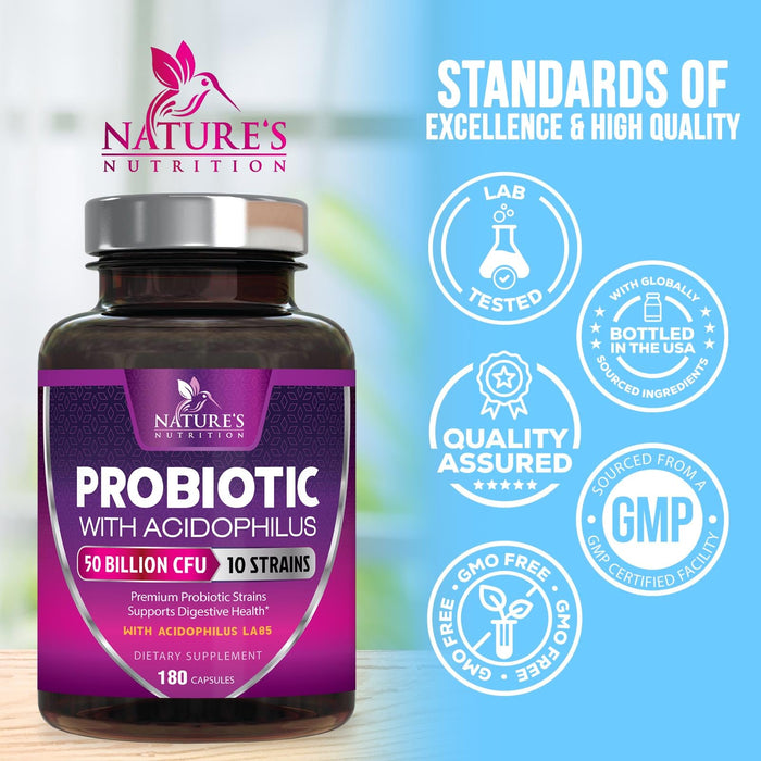 Probiotics 60 Billion CFU per Serving - 10 Strains + Prebiotics - Digestive Health, Gut & Immune Support - Supports Occasional Constipation, Gas & Bloating for Women & Men Shelf Stable - 180 Capsules