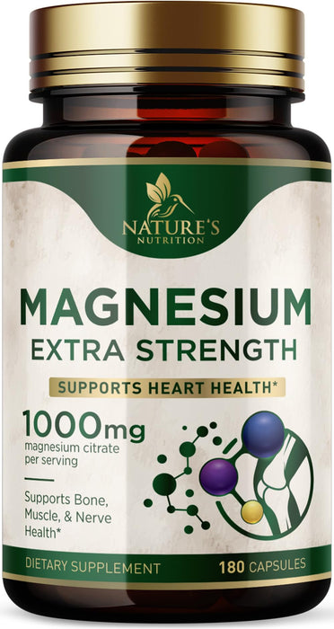 Magnesium Supplement (Citrate Oxide) 1000mg for Best Absorption, Supports Bone, Heart Health, Nerves, Muscles & Metabolism, Nature's Pure Magnesio Vitamin Pills, Bottled in USA, 180 Capsules