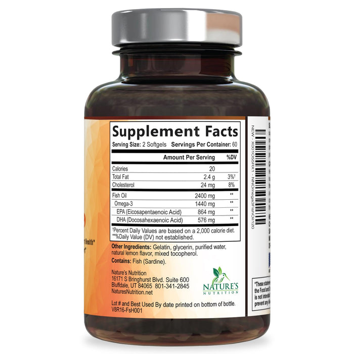 Omega 3 Fish Oil 2400 mg – Triple Strength EPA & DHA Fatty Acids for Heart, Brain & Joint Support – Wild-Caught, Burpless, Lemon Flavor Supplement – Natural, Non-GMO, Gluten-Free – 120 Softgels