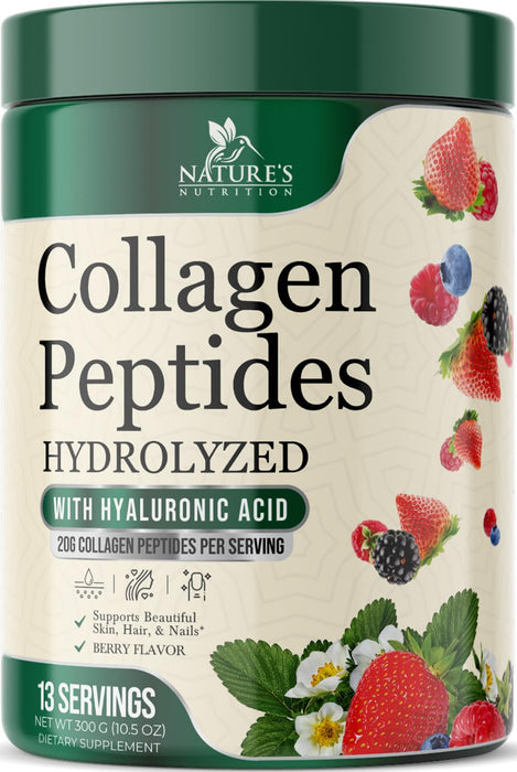 Collagen Peptides Powder 20g - Hydrolyzed Type 1 & 3 Berry Flavor Collagen Powder - Biotin, Hyaluronic Acid, Vitamin C - Hair, Skin, & Nails Support Supplement for Women & Men - Bottled in USA, 10.5oz