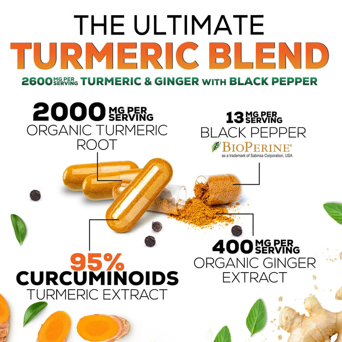 Turmeric Curcumin Supplement 2600mg with Organic Ginger & Turmeric, BioPerine Black Pepper Extract 95% Curcuminoids - Advanced Absorption Joint & Antioxidant Extra Strength Support - 60 Capsules