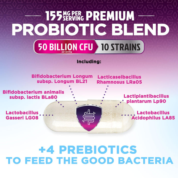 Probiotics 60 Billion CFU per Serving - 10 Strains + Prebiotics - Digestive Health, Gut & Immune Support - Supports Occasional Constipation, Gas & Bloating for Women & Men Shelf Stable - 180 Capsules