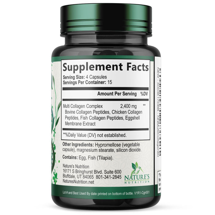 Multi Collagen Peptides Supplement 2400 mg, Types I, II, III, V & X Multi Collagen Pills Complex, Hydrolyzed Collagen Peptides Supplements, Hair, Skin, Nail, and Joint Support Supplement, 60 Capsules